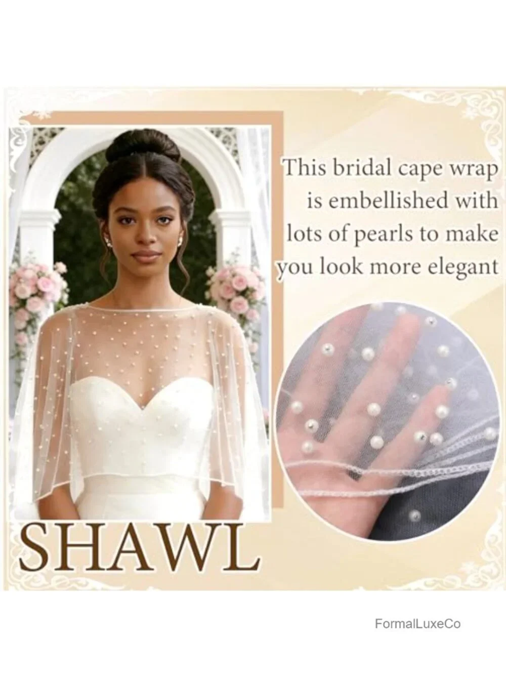 Pearl Shawl Wrap Shrug Satin Edge Cape Tulle Sheer Bridal Bride Scarf Dress
